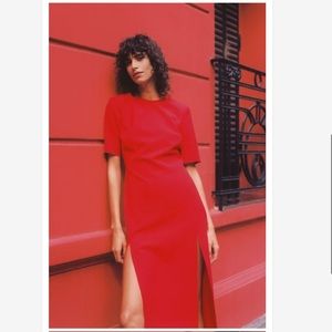 NWT Zara Front Slit Midi Dress in Bold Red, Size S